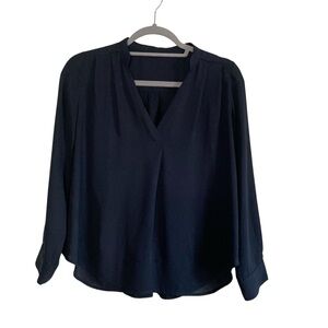 ViS Japan Navy Blue Flowly V-Neck Blouse Long Sleeve Button Cuff Free Size S